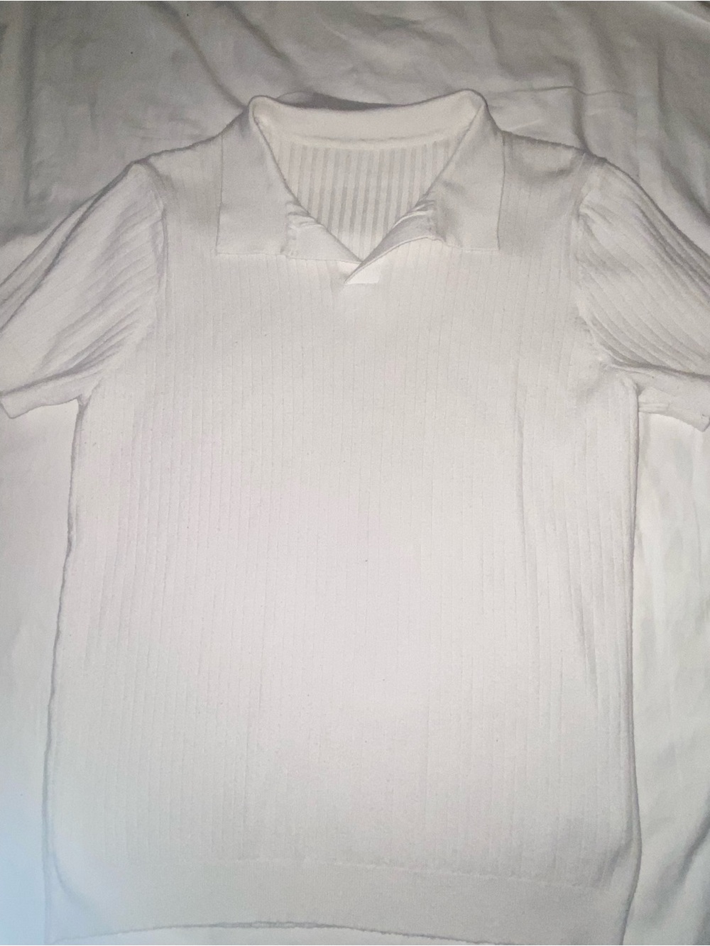 White Ribbed Short Sleeve Polo Knit Top